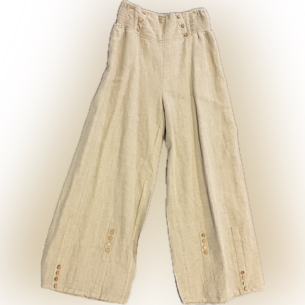 Beige Wide-Leg linen Button-Detail Pants
